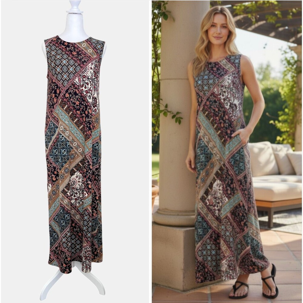 J. Jill Boho Patchwork Maxi Dress Pockets Jersey Knit Sleeveless Sz S